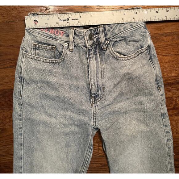 Playboy By PacSun Light Wash Denim Jeans Pink Bunny Logo Distressed Size 23 - Picture 4 of 8